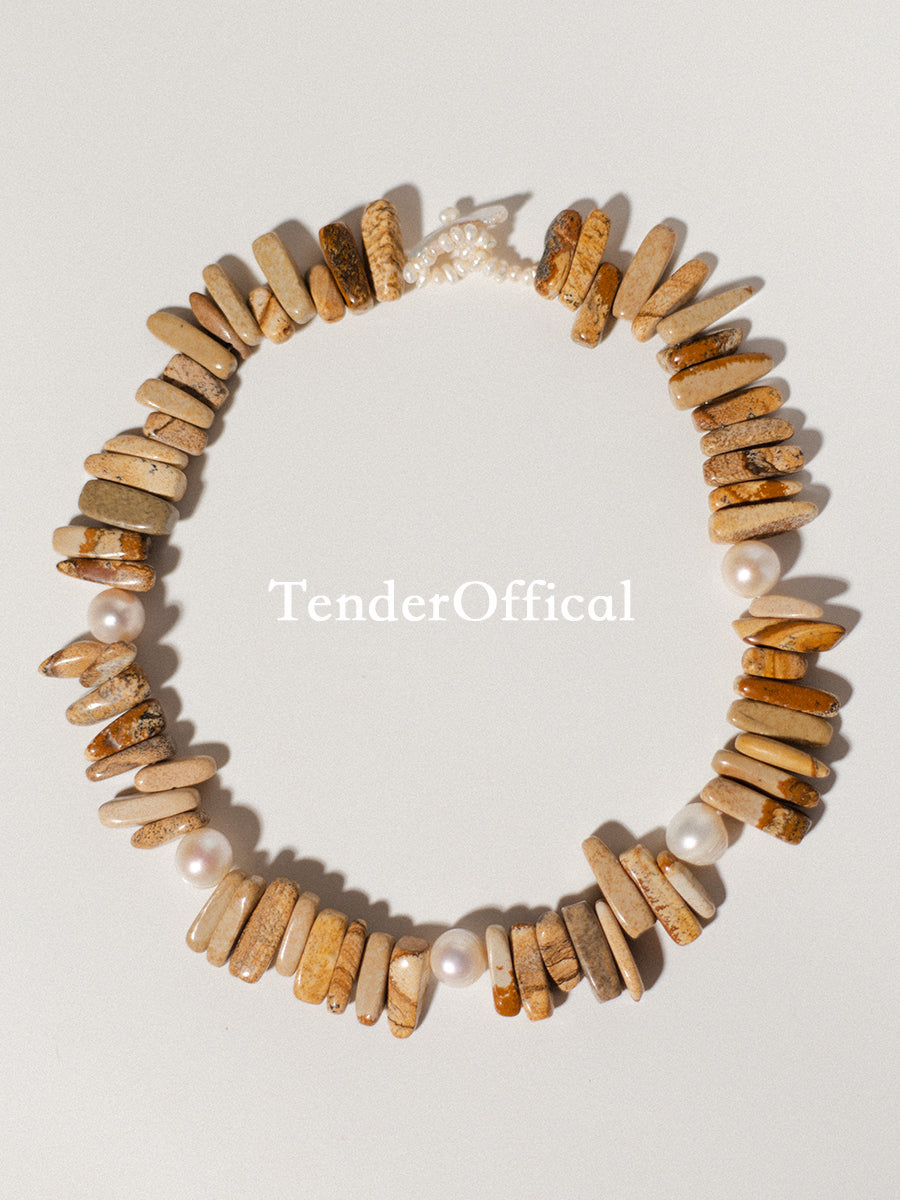 Volcanic Echoes – Natural Stone & Pearl NecklaceNatural  Baroque Pearl × Original Design